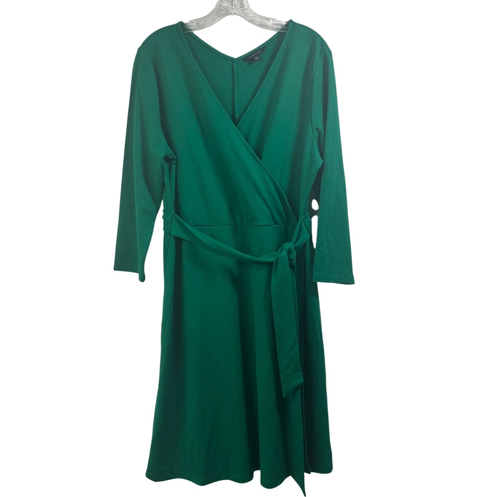 Lands End Green Faux Wrap Dress V-Neck 3/4 Sleeve A-Line Size L 14-16
